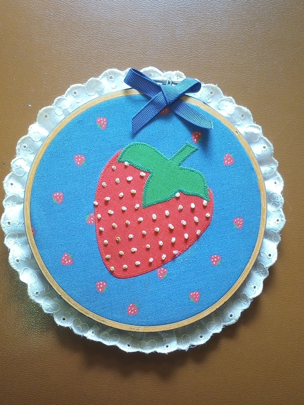 Vintage Round Strawberry Wall Decor in Embroidery Hoop. Red Green Blue White